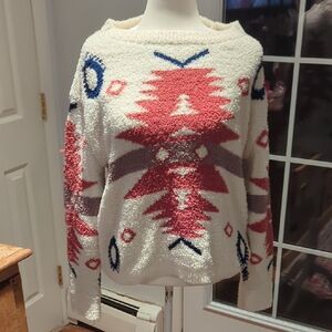 Chic Cowl Neck Sweater with Geometric Pattern - Red and Blue